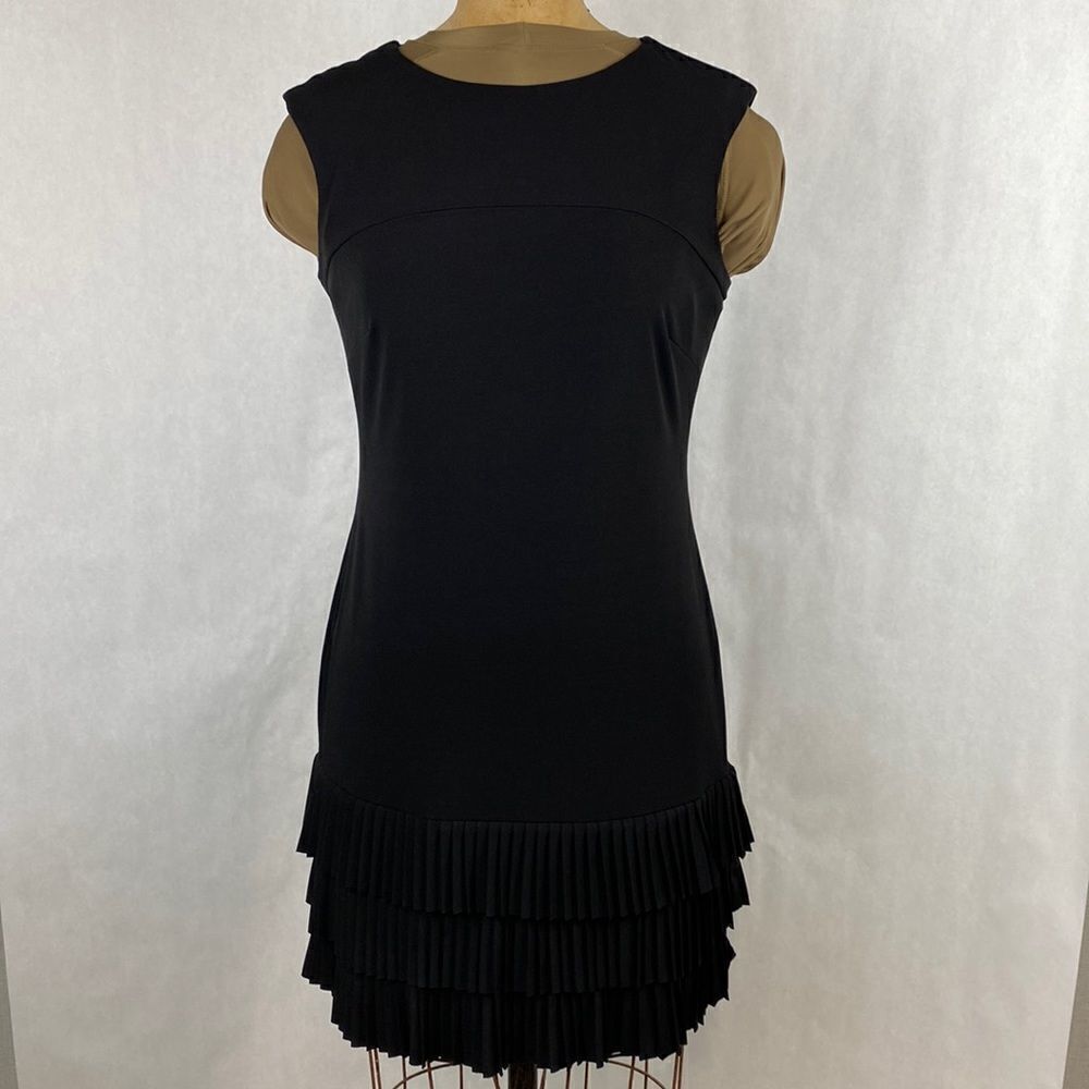 Peter Nygard Pleated Ruffle Hem Dress Black 6P 6 Petite Sheath